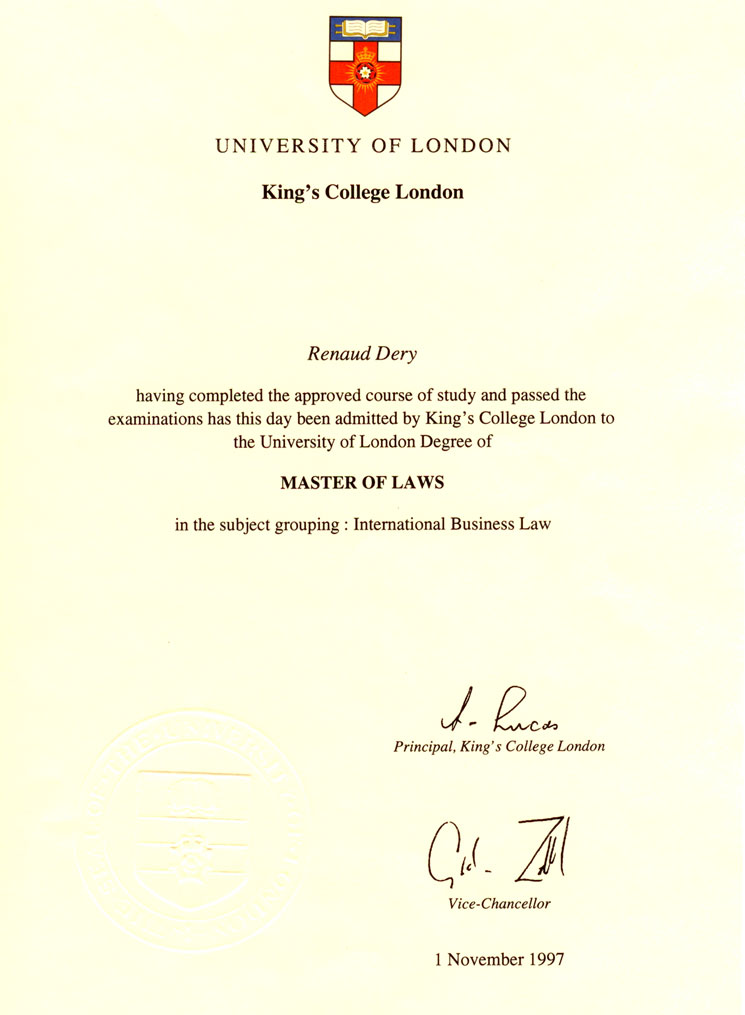 英国伦敦大学国王学院毕业证样本