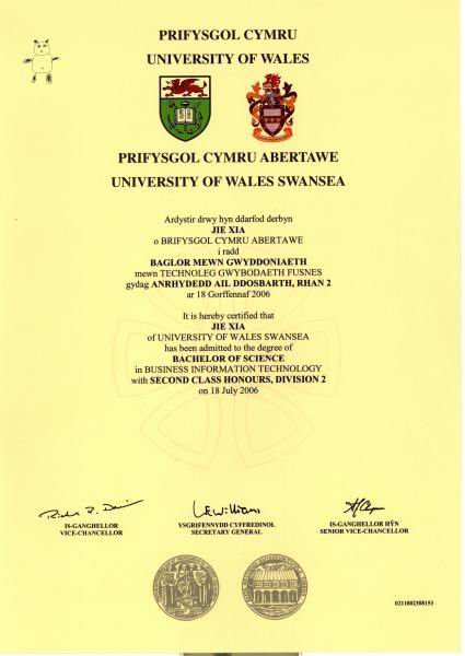 英国威尔士斯旺西大学毕业证样本
