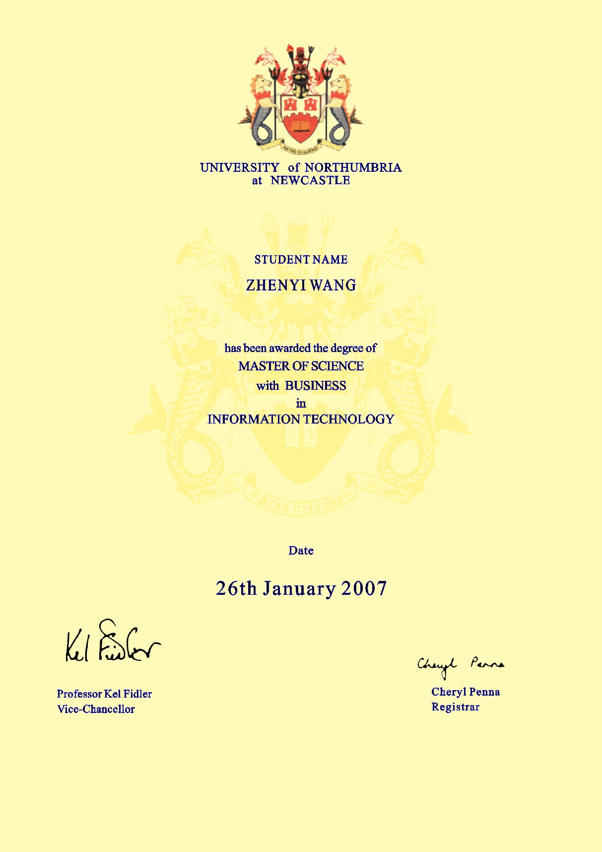 英国诺森比亚大学毕业证样本