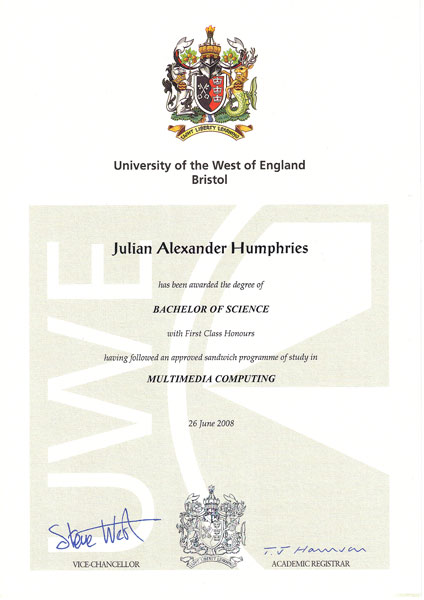英国西英格兰大学毕业证样本