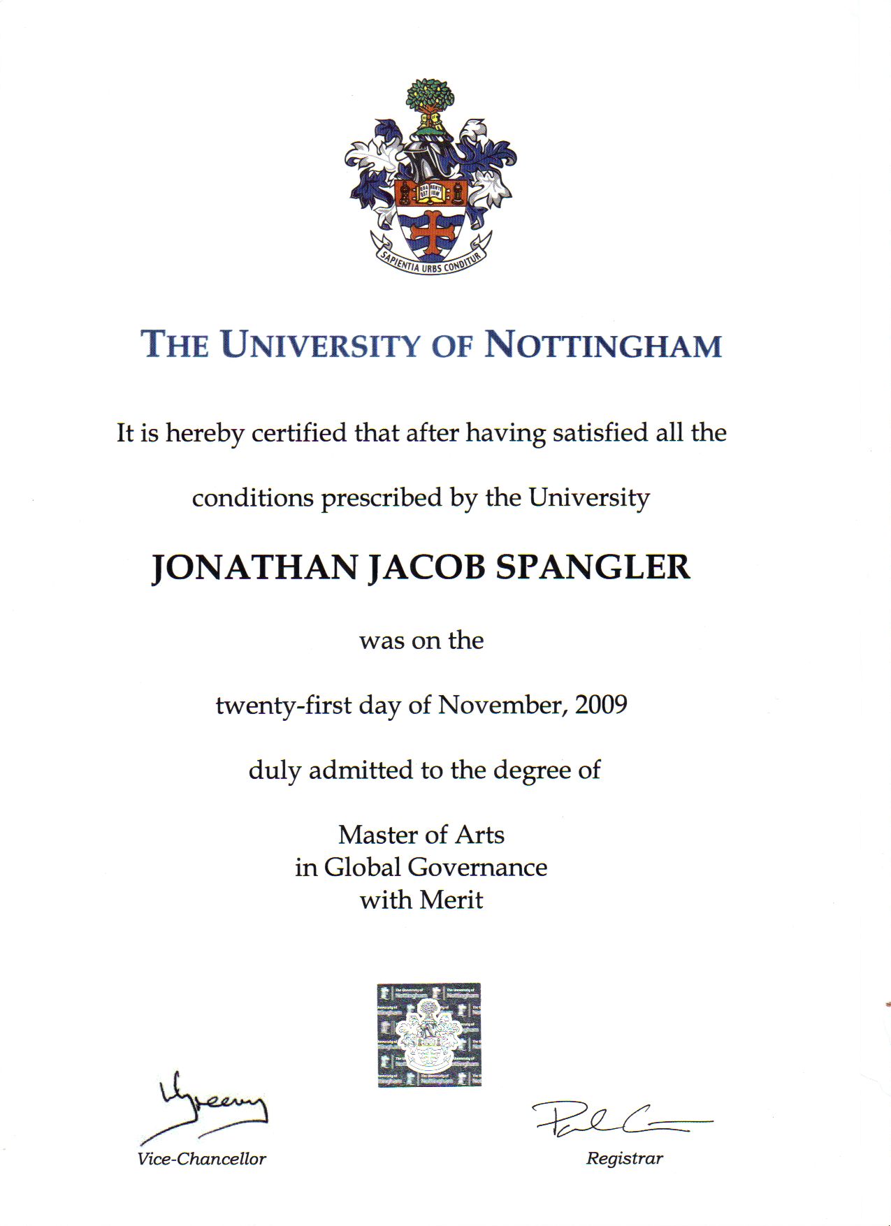英国诺丁汉大学毕业证样本