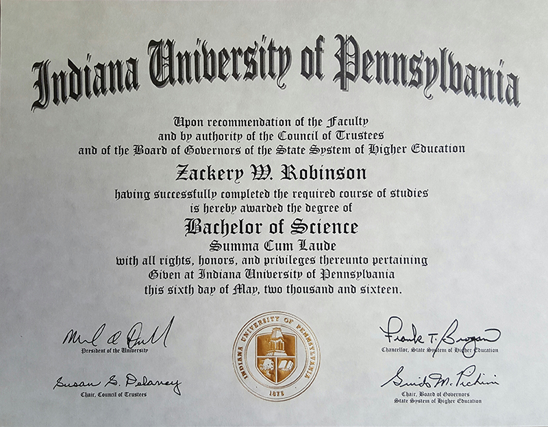 美国宾夕法尼亚州印第安纳大学毕业证样本