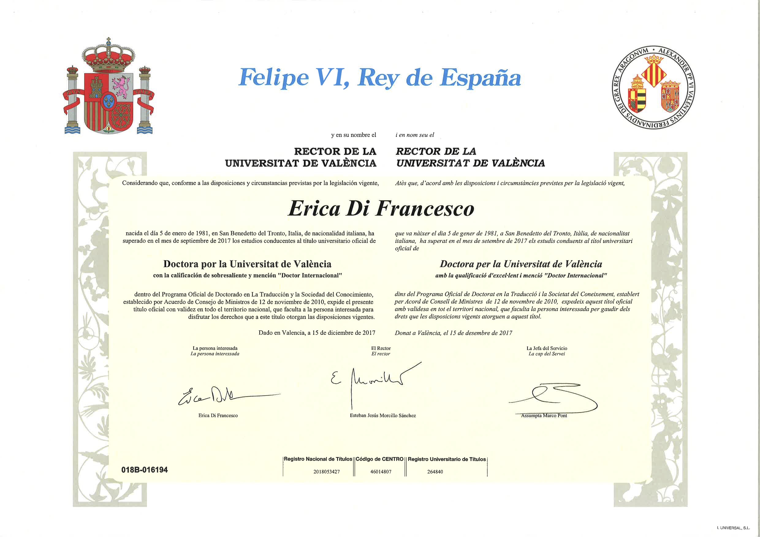 西班牙瓦伦西亚大学毕业证样本