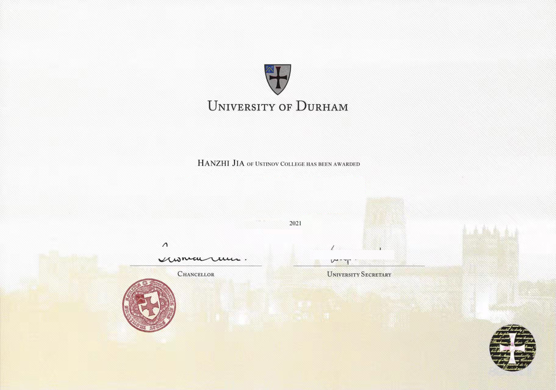英国杜伦大学毕业证样本