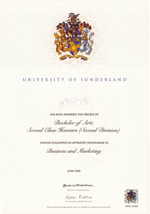 英国桑德兰大学毕业证样本