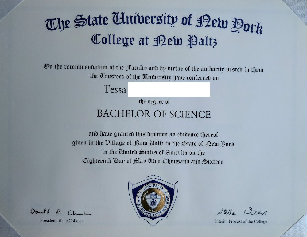 美国纽约州立大学新帕尔兹分校毕业证样本
